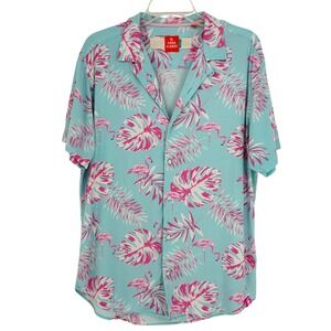 Free Planet Aqua Flamingo Palm Leaf Button Up Shirt Mens L Tropical